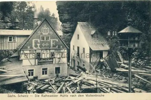 Sächsische Schweiz - Rathewalder Mühle nach dem Wolkenbruch (Mai 1906)
 Ansichtskarte / Postkarte, Motiv aus , Verlagsnummer 1575, unbenutzt, aber mit privater Notiz von 1908. 