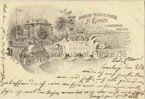 Langebrück - Villa Concordia - Familien-Pension I. Ranges H. Kunze
 Ansichtskarte / Postkarte, Motiv aus Sachsen, benutzt 18.8.1905 Langebrück, wahrscheinlich Selbstverlag, Illustration von P. Kunze, Bucarest (Bukarest, Rumänien). 