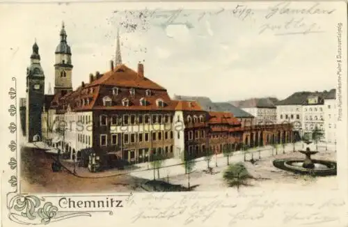 Chemnitz (Gebäude nicht näher bezeichnet)
 Ansichtskarte / Postkarte, Motiv aus Sachsen, benutzt 3.9.1907 Chemnitz, Photo.-Künstlerkarte Jugendstil Chromolithografie. 