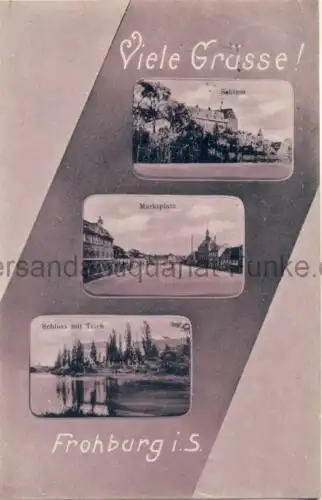 Viele Grüße Frohburg (Schloss / Marktplatz / Schloss mit Teich)
 Ansichtskarte / Postkarte, Motiv bei Borna / Sachsen, Verlagsnummer 7969, benutzt 12.7.1911 Frohburg. 