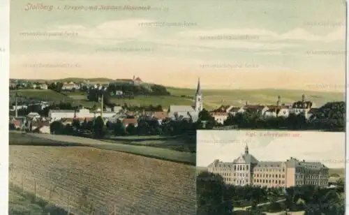 Stollberg Erzgebirge mit Schloss Hoheneck
 Ansichtskarte / Postkarte, Motiv aus Sachsen, benutzt Bahnpost St. Egidien-Stollberg (Erzgebirge) Zug 1852 16.09.1906. 