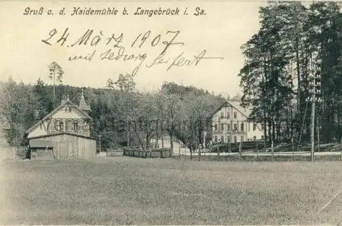 Gruß v. d. Haidemühle b. Langebrück
 Ansichtskarte / Postkarte, Motiv bei Dresden / Dresdner Heide / Sachsen, Verlagsnummer 205, unbenutzt, aber mit privater Notiz vom März 1907. 