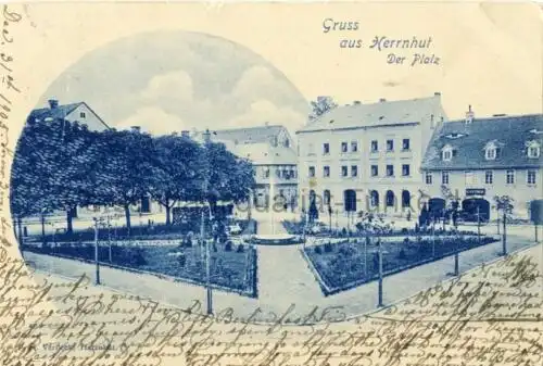 Gruss aus Herrnhut - Der Platz
 Ansichtskarte / Postkarte, Motiv aus Sachsen, benutzt 3.1.1906. 