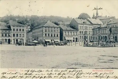 Sebnitz - Marktplatz (Ostseite)
 Ansichtskarte / Postkarte, Motiv aus Sächsische Schweiz / Sachsen, Verlagsnummer 06-1752, benutzt 11.1.1910 Sebnitz. 