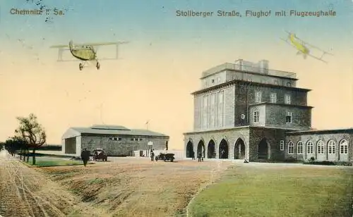 Chemnitz - Flughof mit Flugzeughalle, Stollberger Strasse
 Ansichtskarte / Postkarte, Motiv aus Sachsen / Luftfahrt, Verlagsnummer 464, benutzt 8.8.1929 Chemnitz, Chromolitho. 