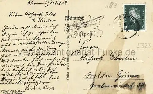 Chemnitz - Flughof mit Flugzeughalle, Stollberger Strasse
 Ansichtskarte / Postkarte, Motiv aus Sachsen / Luftfahrt, Verlagsnummer 464, benutzt 8.8.1929 Chemnitz, Chromolitho. 