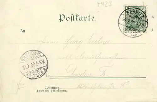 Gruss aus Forsthaus Zeughaus
 Ansichtskarte / Postkarte, Motiv aus Sächsische Schweiz bei Sebnitz, benutzt 30.7.1900 Sebnitz. 