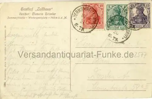 Hermsdorf: Gasthof "Zollhaus", Besitzer Clemens Geissler
 Ansichtskarte / Postkarte, Motiv aus Erzgebirge / Sachsen, Verlagsnummer Nr. 1234, benutzt 24.6.1920. 
