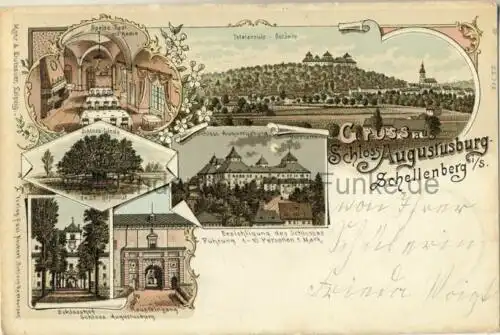 Gruss aus Schloss Augustusburg-Schellenberg
 Ansichtskarte / Postkarte, Motiv aus Sachsen, Verlagsnummer G. L. 569, Druck bei Mohr & Dutzauer in Leipzig, benutzt 28.8.1898. 