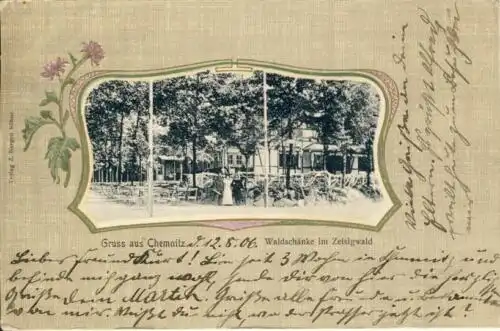 Gruss aus Chemnitz - Waldschänke im Zeisigwald
 Ansichtskarte / Postkarte, Motiv aus Sachsen, Verlagsnummer 1000-1006, benutzt 12.8.1906 Chemnitz. 