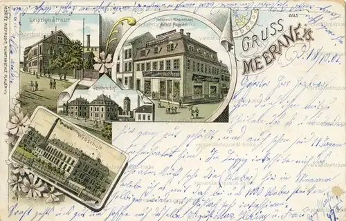 Gruss aus Meerane
 Ansichtskarte / Postkarte, Motiv aus Sachsen, benutzt 18.10.1902 Webschule, Warenhaus Adolf Popper, Schlachthof, Leipziger Strasse. 
