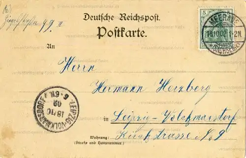 Gruss aus Meerane
 Ansichtskarte / Postkarte, Motiv aus Sachsen, benutzt 18.10.1902 Webschule, Warenhaus Adolf Popper, Schlachthof, Leipziger Strasse. 