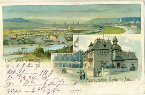 Loschwitz b. Dresden - Restauration Schöne Aussicht
 Ansichtskarte / Postkarte, Motiv aus Stadtteil von Dresden / Sachsen, Verlagsnummer 51, benutzt Dresden 05.06.1900, Lithographie. 