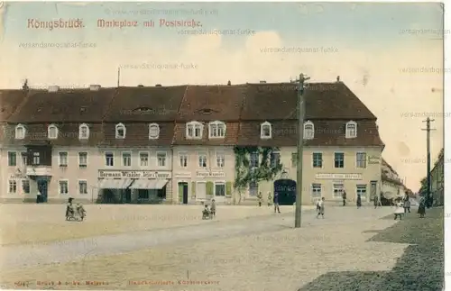 Königsbrück - Marktplatz mit Poststrasse
 Ansichtskarte / Postkarte, Motiv aus Sachsen, Verlagsnummer 8947, benutzt 8.8.1908, handcolorierte Künstlerkarte. 