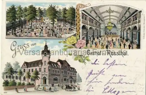 Gruss vom Gasthof zu Rossthal
 Ansichtskarte / Postkarte, Motiv aus Stadtteil von Dresden / Sachsen, benutzt Gorbitz 20.05.1902, Chromolithographie. 