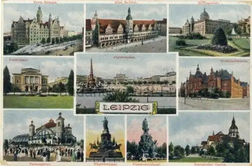 Leipzig (Neues Rathaus / Altes Rathaus / Buchhändlerhaus / Konzerthaus / Siegesdenkmal / Bismarckdenkmal u. a.)
 Ansichtskarte / Postkarte, Motiv aus Sachsen, Verlagsnummer 5138, benutzt 13.4.1914 Leipzig. 