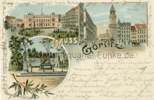 Gruss aus Görlitz - Obermarkt / Kanonendenkmal / Ständehaus
 Ansichtskarte / Postkarte, Motiv aus Sachsen / Niederschlesien / Oberlausitz, Verlagsnummer 183, benutzt 27.9.1898 Görlitz, Chromolithografie. 