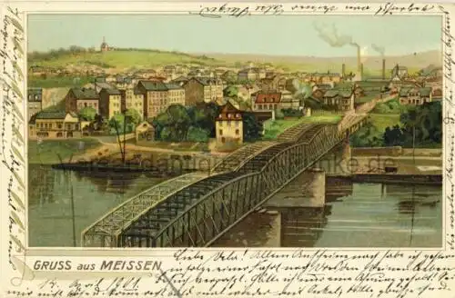Gruss aus Meissen
 Ansichtskarte / Postkarte, Motiv aus Sachsen, unbenutzt 14.4.1901 Meissen, Künstler-Postkarte / Chromolithografie. 