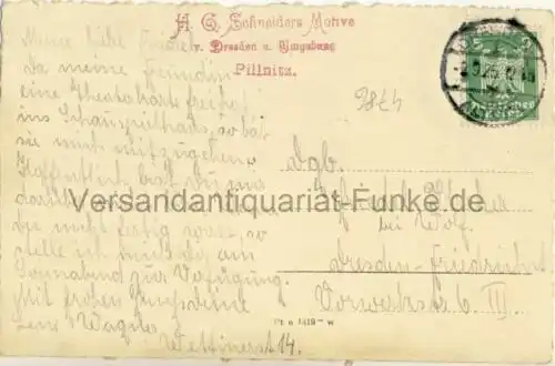 Pillnitz
 Ansichtskarte / Postkarte, Motiv aus Sachsen, H. G. Schneiders Motive v. Dresden u. Umgebung Pt e 1319, benutzt 2.9. 1925 Dresden, Echtfoto. 