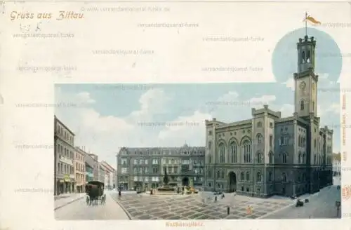 Gruss aus Zittau - Rathausplatz
 Ansichtskarte / Postkarte, Motiv aus Sachsen, Verlagsnummer 4616, benutzt 11.6.1908, Chromolithografie. 