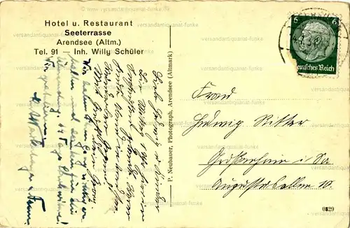 Hotel und Restaurant Seeterrasse Arendsee Altmark
 Ansichtskarte / Postkarte, Motiv aus Sachsen-Anhalt, Verlagsnummer 0829, benutzt 14.7.1934. 