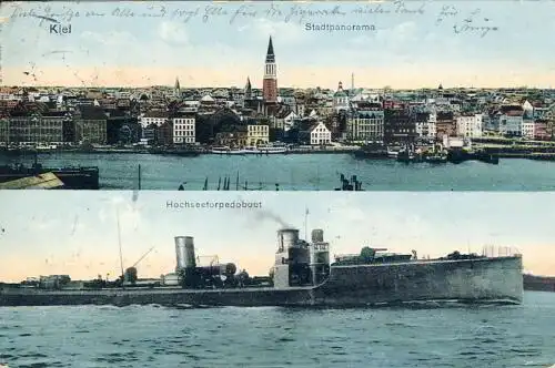 Kiel - Stadtpanorama & Hochseetorpedoboot
 Ansichtskarte / Postkarte, Motiv aus Schleswig-Holstein, Verlagsnummer 8420, benutzt 23.10.1913 Kiel. 