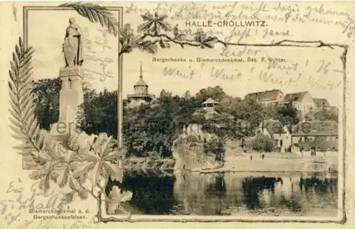 Bergschenke u. Bismarckdenkmal, Bes. R. Richter / Bismarckdenkmal a. d. Bergschenkenfelsen
 Ansichtskarte / Postkarte, Motiv aus Sachsen-Anhalt, benutzt 29.7.1908. 