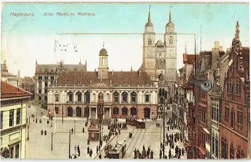 Magdeburg - Alter Markt mit Rathaus
 Ansichtskarte / Postkarte, Motiv aus Sachsen-Anhalt, benutzt, Postkarte mit Leporello-Album (10 aneinanderhängende Bilder). 