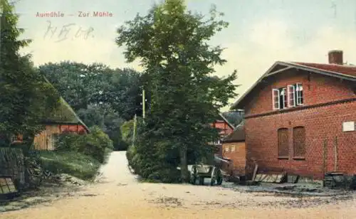 Aumühle - Zur Mühle
 Ansichtskarte / Postkarte, Verlagsnummer 677, benutzt 8.6.1908 Aumühle (Bez. Hamburg), heute Kreis Herzogtum Lauenburg in Schleswig-Holstein. 