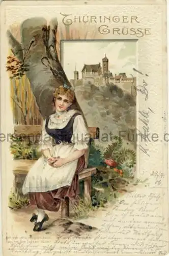 Thüringer Grüße
 Ansichtskarte / Postkarte, Motiv aus Thüringen, benutzt Wartburg 30.4.1906, Chromolitho, geprägt. 