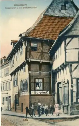 Nordhausen - Häuserpartie in der Barfüsserstrasse
 Ansichtskarte / Postkarte, Motiv aus Thüringen, Verlagsnummer 36314, benutzt 13.5.1913 Nordhausen. 