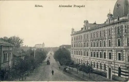 Mitau - Alexander Prospekt
 Ansichtskarte / Postkarte, Motiv aus Jelgava in Latvija / Lettland, benutzt Feldpost 26.8.1916 III. Bat. Ldst.-Inf.-Rgt. Nr. 19, 10. Komp., Soldatenbrief / K. D. Feldpostexp. der 6. Res. Div. 
