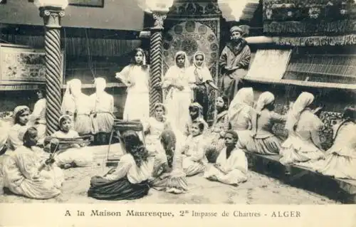 Alger - A la Maison Mauresque de Madame Delfau (pour la Fabrication des Tapis et des Principales Manufactures)
 Algerien / Algérie, Postkarte, postalisch unbenutzt, Rückseite komplett mit Werbeaufdruck der Besitzerin. 
