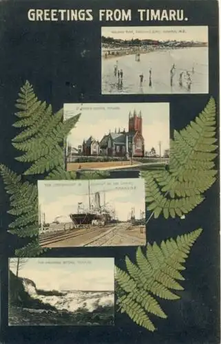 Greetings from Timaru (Holiday Time, Caroline Bay / Mary's Church / The "Tongariro" & "Delphic" at the wharf / The Dashing Rocks)
 Ansichtskarte / Postkarte, Motiv aus New Zealand / Neuseeland, unbenutzt, phototyped in Saxony / Sachsen "Timaru ist die Hau