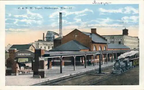 Sheboygan - C. & N. W. Depot (Bahnhof )
 Ansichtskarte / Postkarte, Motiv aus Wisconsin / USA, Verlagsnummer 8238, benutzt Sheboygan 29.5.1923. 