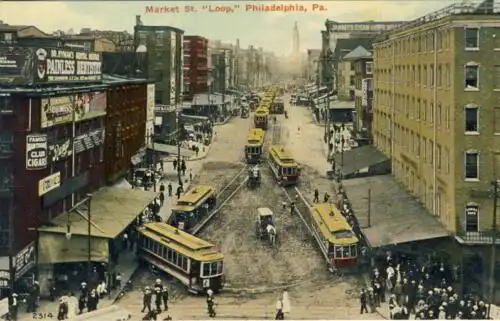 Philadelphia - Market St. "Loop"
 2314 - Market Street Loop" Philadelphia Pa. - "Loop" at the intersection of Market Street and Delaware Avenue, where most of the seashore traffic is handled."
 Ansichtskarte / Postkarte, Motiv aus den USA / Tramway / Stra