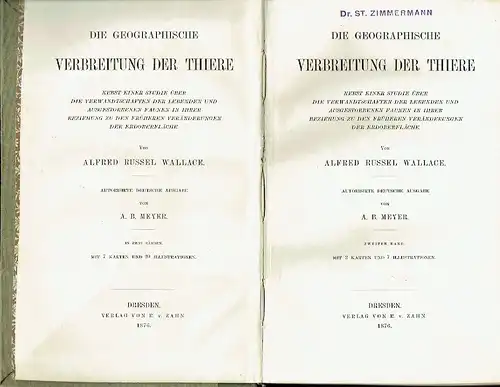 Alfred Russel Wallace: Die geographische Verbreitung der Thiere
 nebst einer Studie über die Verwandtschaften der lebenden und ausgestorbenen Faunen in Ihrer Beziehung zu den früheren Veränderungen der Erdoberfläche. 