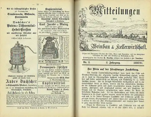 Mitteilungen über Weinbau und Kellerwirtschaft
 Organ des Rheingauer Vereins für Obst-, Wein- und Gartenbau und der Königlichen Lehranstalt für Obst- und Weinbau zu Geisenheim a. Rh
 2. Jahrgang 1890/91. 