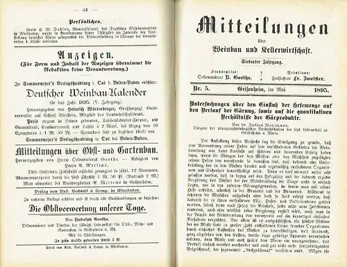 Mitteilungen über Weinbau und Kellerwirtschaft
 Organ des Rheingauer Vereins für Obst-, Wein- und Gartenbau und der Königlichen Lehranstalt für Obst- und Weinbau zu Geisenheim a. Rh
 7. Jahrgang. 