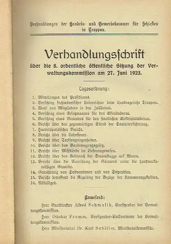 Verhandlungsschriften der Sitzungen der Verwaltungskommission der Handels- und Gewerbekammer für Schlesien in Troppau im Jahre 1923. 