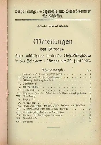 Verhandlungsschriften der Sitzungen der Verwaltungskommission der Handels- und Gewerbekammer für Schlesien in Troppau im Jahre 1923. 