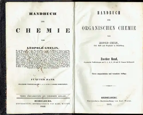 Prof. Leopold Gmelin: Handbuch der organischen Chemie
 Band 2: Organische Verbindungen mit 2, 4, 6, 8, 10 und 12 Atomen Kohlenstoff. 