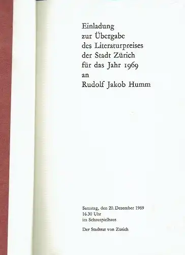 Einladung zur Übergabe des Literaturpreises der Stadt Zürich für das Jahr 1969 an Rudolf Jakob Humm. 