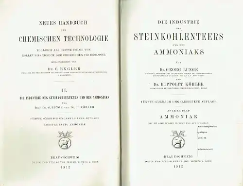 Dr. Georg Lunge
 Dr. Hippolyt Köhler: Die Industrie des Steinkohlenteers und des Ammoniaks
 2 Bände, komplett
 Neues Handbuch der chemischen Technologie, Band 1 und 2. 