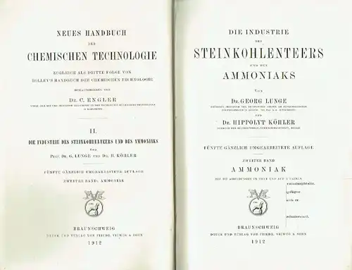 Dr. Georg Lunge
 Dr. Hippolyt Köhler: Die Industrie des Steinkohlenteers und des Ammoniaks
 2 Bände, komplett. 