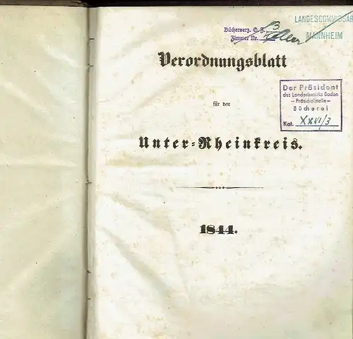 Verordnungsblatt für den Unter-Rheinkreis
 Jahrgang 1844, No. 1 bis 46, komplett. 