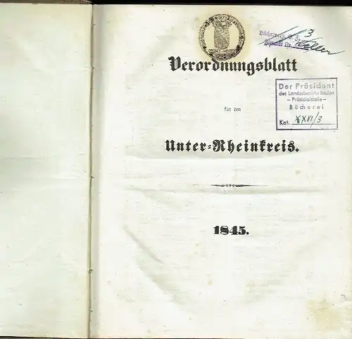 Verordnungsblatt für den Unter-Rheinkreis
 Jahrgang 1845, No. 1 bis 47, komplett. 