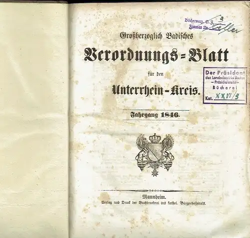 Verordnungsblatt für den Unter-Rheinkreis
 Jahrgang 1846, No. 1 bis 44, komplett. 