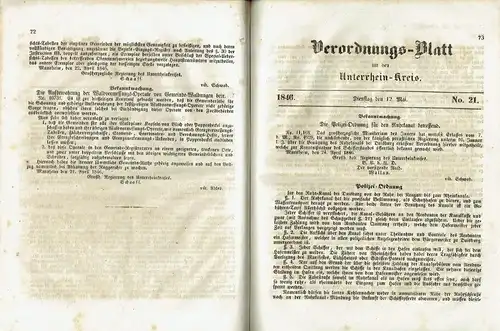 Verordnungsblatt für den Unter-Rheinkreis
 Jahrgang 1846, No. 1 bis 44, komplett. 