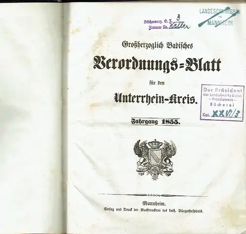 Verordnungsblatt für den Unter-Rheinkreis
 Jahrgang 1855, No. 1 bis 24, komplett. 